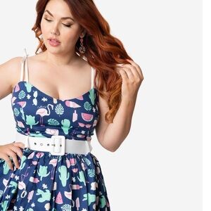 COLLECTIF Jade Summer Flamingo Swing Dress in Navy NWT Size XS